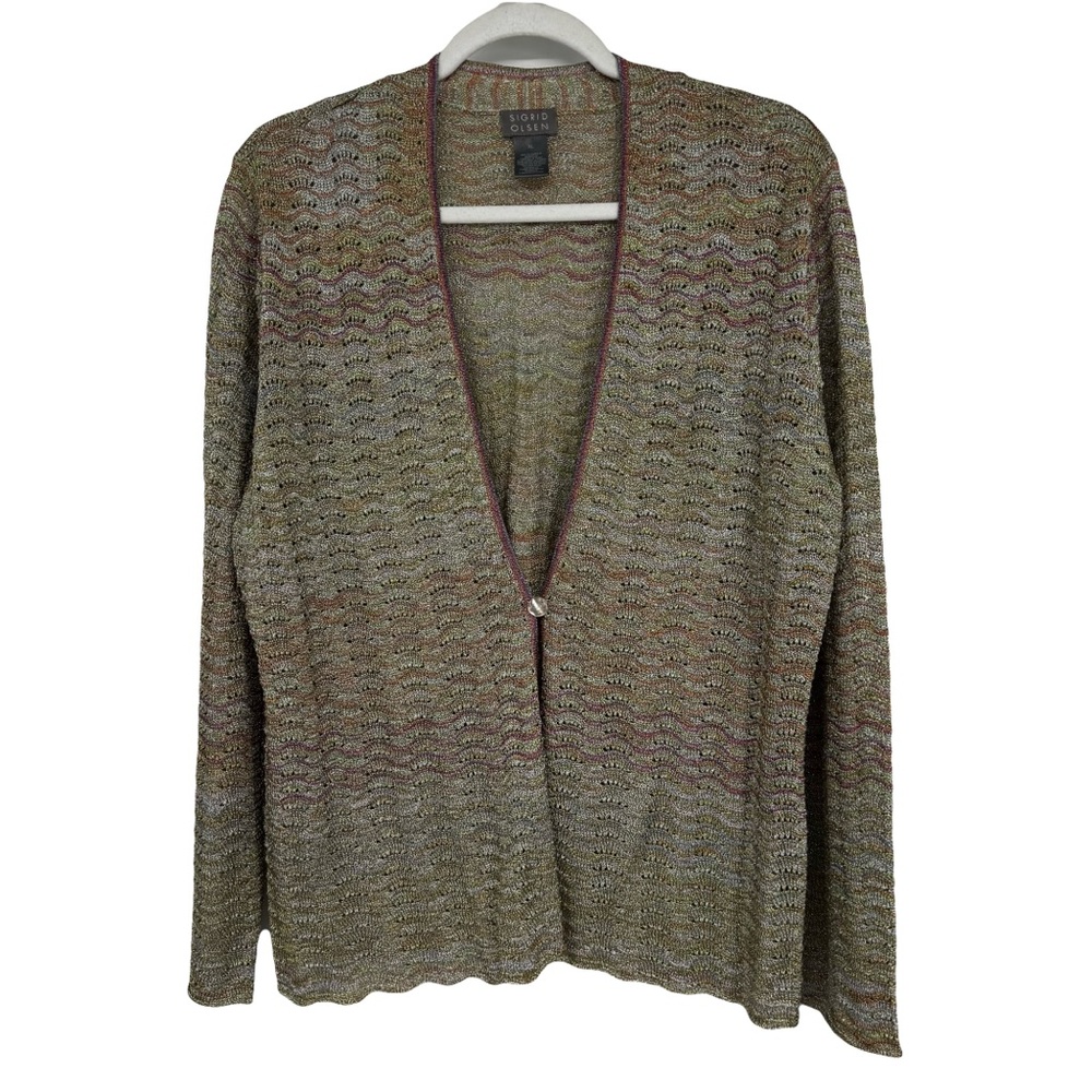 Women’s Sigrid Olsen XL Green/Pink/Orange/Silver Metallic Y2K One Button Sweater
